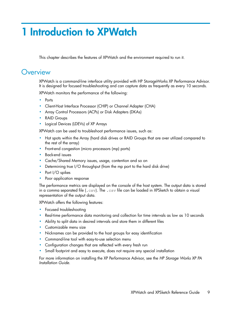 1 introduction to xpwatch, Overview | HP XP Performance Advisor Software User Manual | Page 9 / 68
