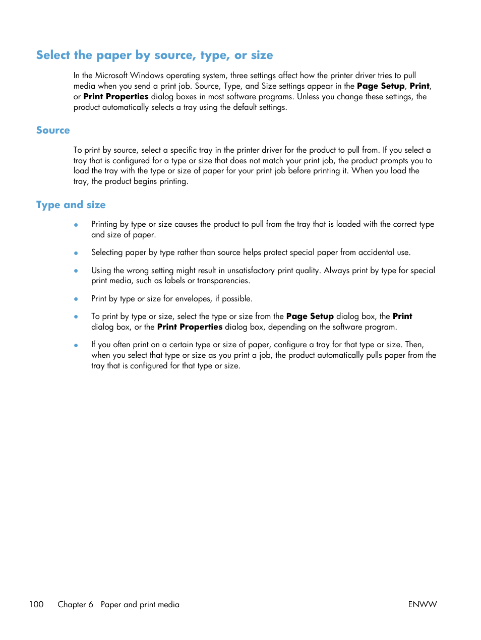 Select the paper by source, type, or size, Source, Type and size | Source type and size | HP LaserJet Enterprise M4555 MFP series User Manual | Page 120 / 376