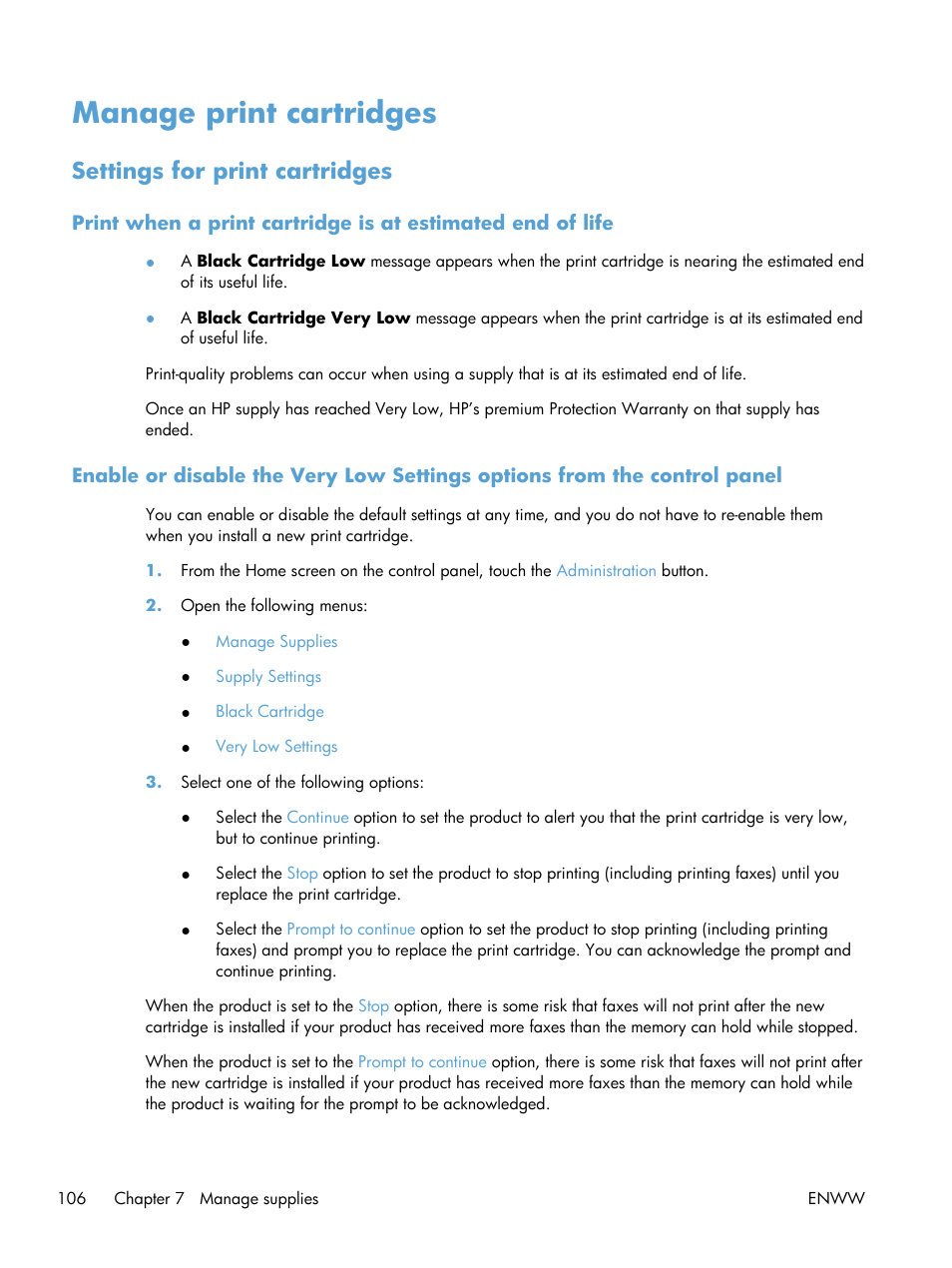 Manage print cartridges, Settings for print cartridges | HP LaserJet Enterprise M4555 MFP series User Manual | Page 126 / 376