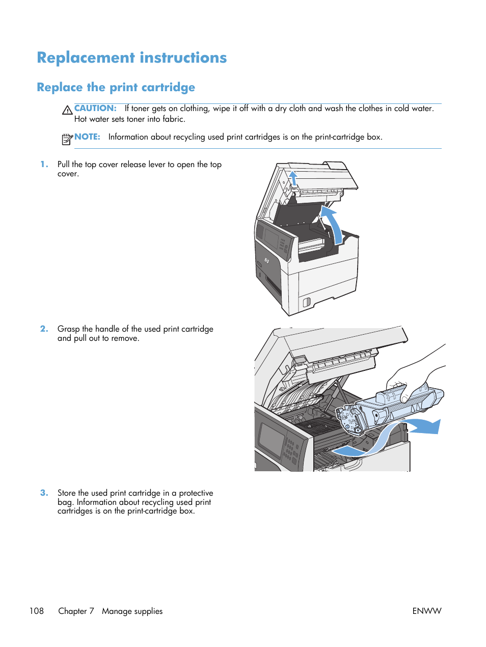 Replacement instructions, Replace the print cartridge | HP LaserJet Enterprise M4555 MFP series User Manual | Page 128 / 376