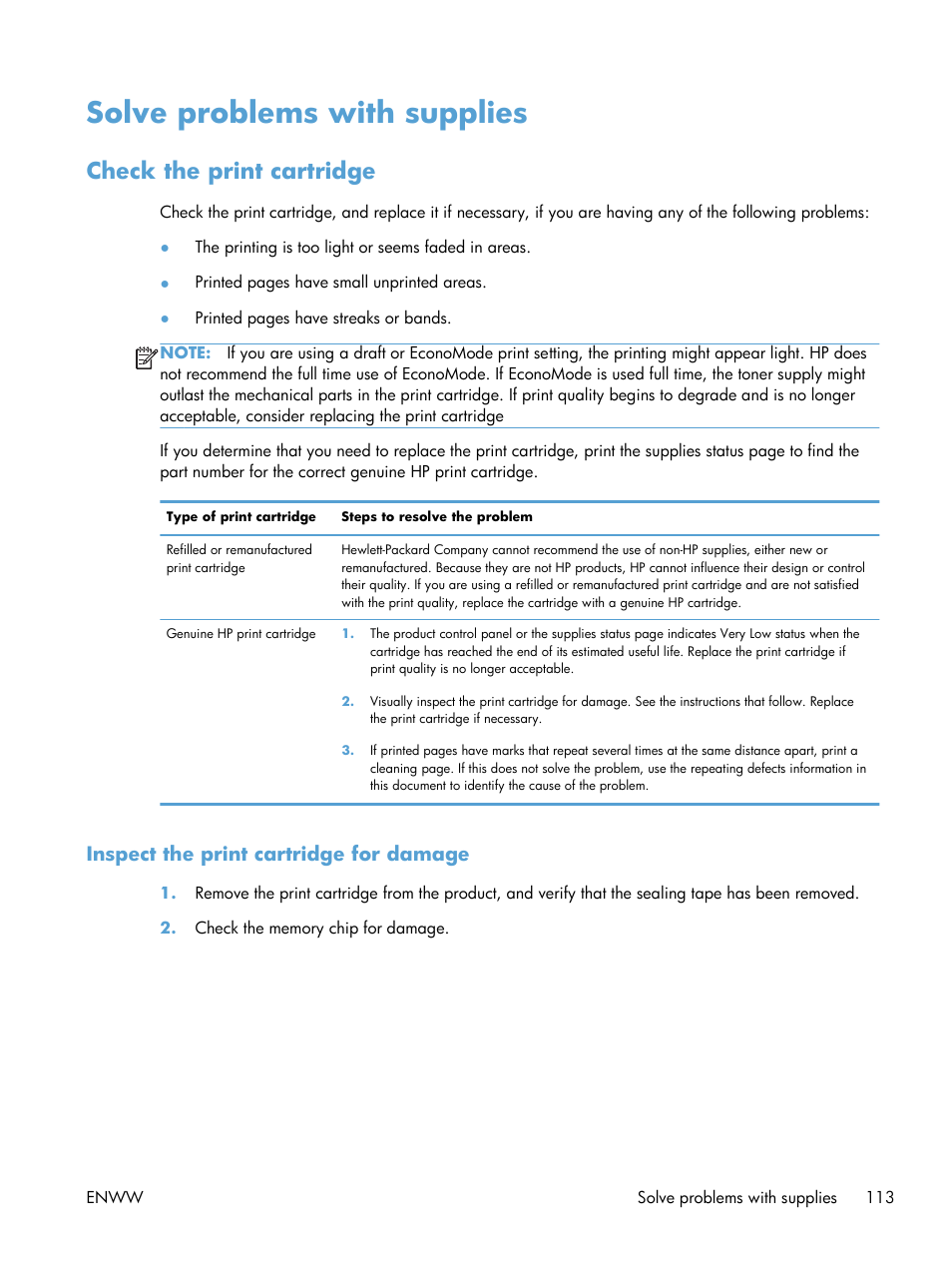 Solve problems with supplies, Check the print cartridge, Inspect the print cartridge for damage | HP LaserJet Enterprise M4555 MFP series User Manual | Page 133 / 376