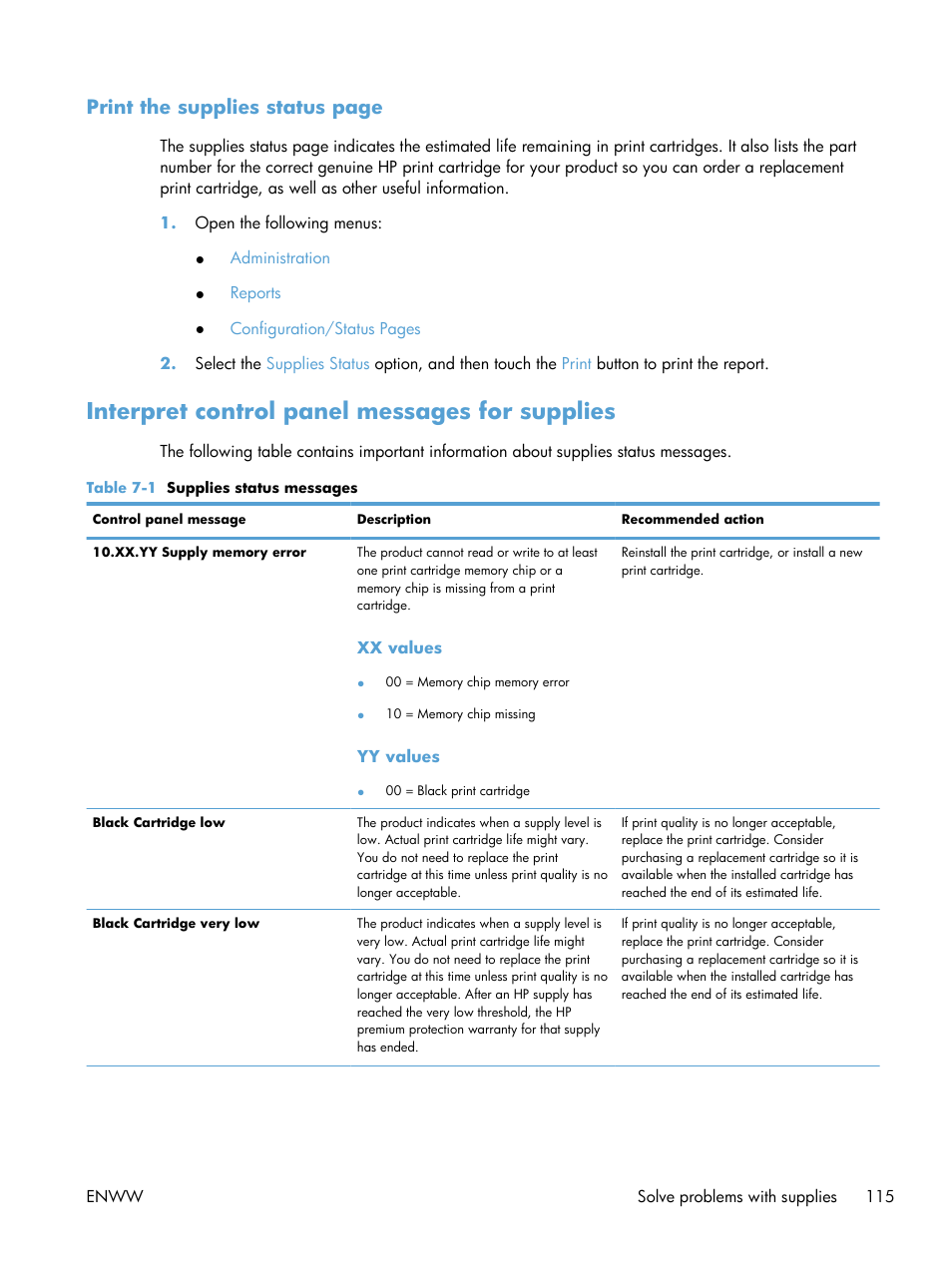 Interpret control panel messages for supplies, Print the supplies status page | HP LaserJet Enterprise M4555 MFP series User Manual | Page 135 / 376