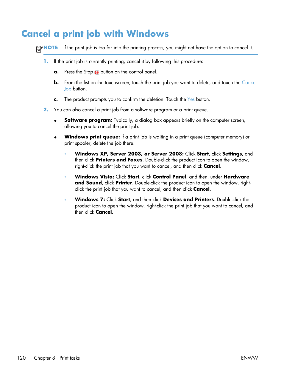 Cancel a print job with windows | HP LaserJet Enterprise M4555 MFP series User Manual | Page 140 / 376