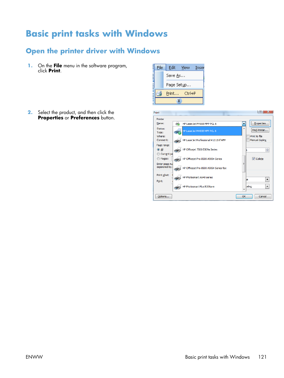 Basic print tasks with windows, Open the printer driver with windows | HP LaserJet Enterprise M4555 MFP series User Manual | Page 141 / 376