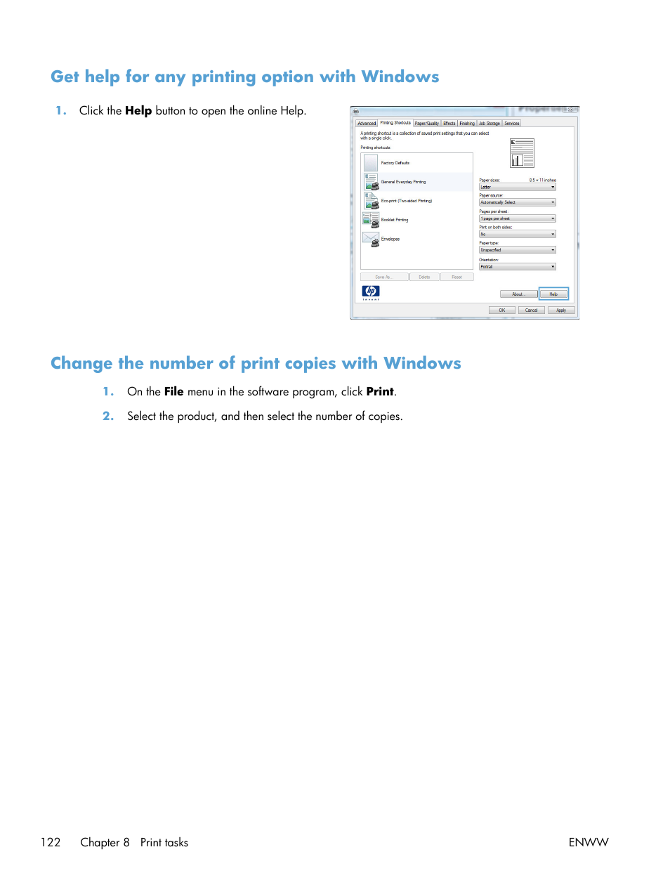 Get help for any printing option with windows, Change the number of print copies with windows | HP LaserJet Enterprise M4555 MFP series User Manual | Page 142 / 376