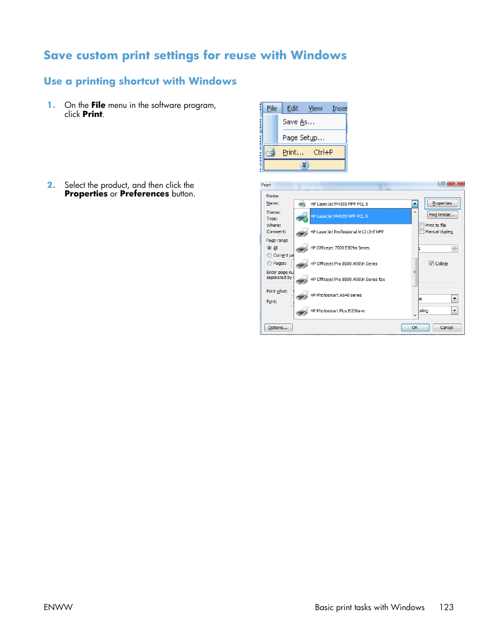 Save custom print settings for reuse with windows, Use a printing shortcut with windows | HP LaserJet Enterprise M4555 MFP series User Manual | Page 143 / 376