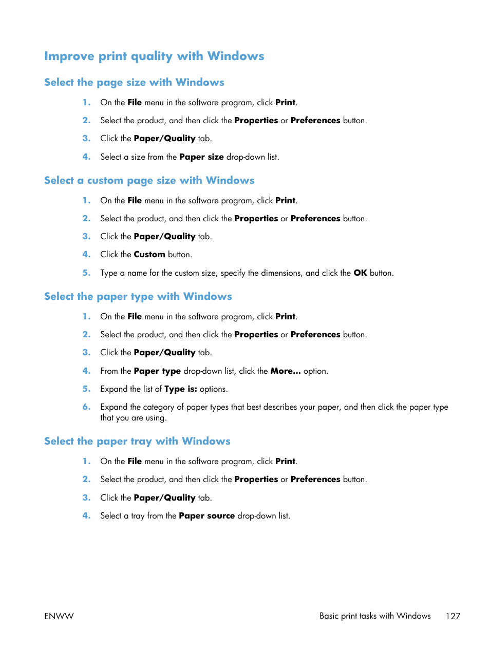 Improve print quality with windows, Select the paper type with windows, Select the paper tray with windows | HP LaserJet Enterprise M4555 MFP series User Manual | Page 147 / 376