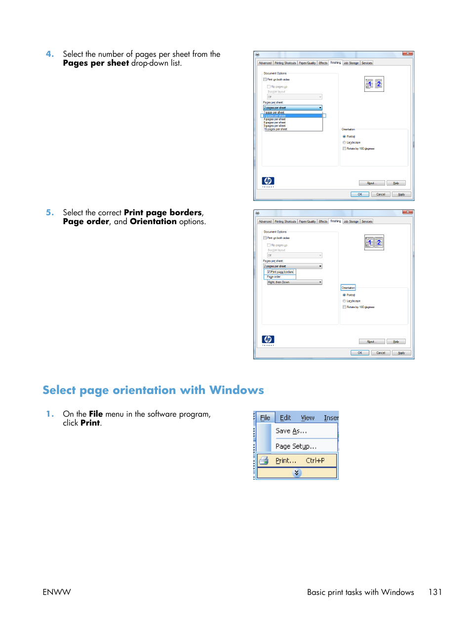 Select page orientation with windows | HP LaserJet Enterprise M4555 MFP series User Manual | Page 151 / 376