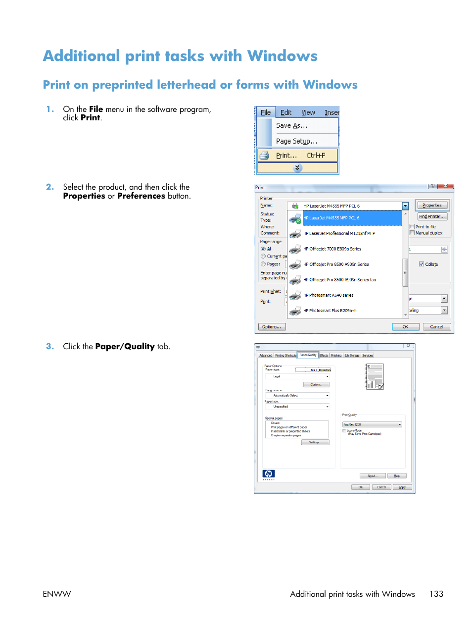 Additional print tasks with windows | HP LaserJet Enterprise M4555 MFP series User Manual | Page 153 / 376