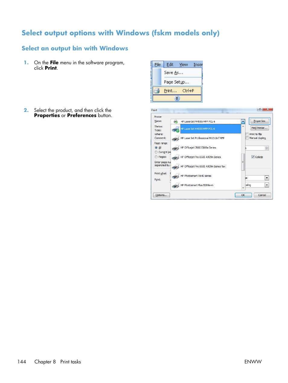 Select an output bin with windows | HP LaserJet Enterprise M4555 MFP series User Manual | Page 164 / 376