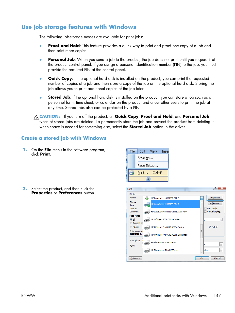 Use job storage features with windows, Create a stored job with windows | HP LaserJet Enterprise M4555 MFP series User Manual | Page 167 / 376