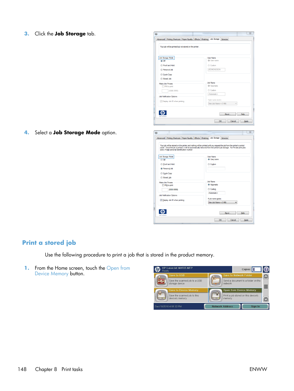 Print a stored job | HP LaserJet Enterprise M4555 MFP series User Manual | Page 168 / 376