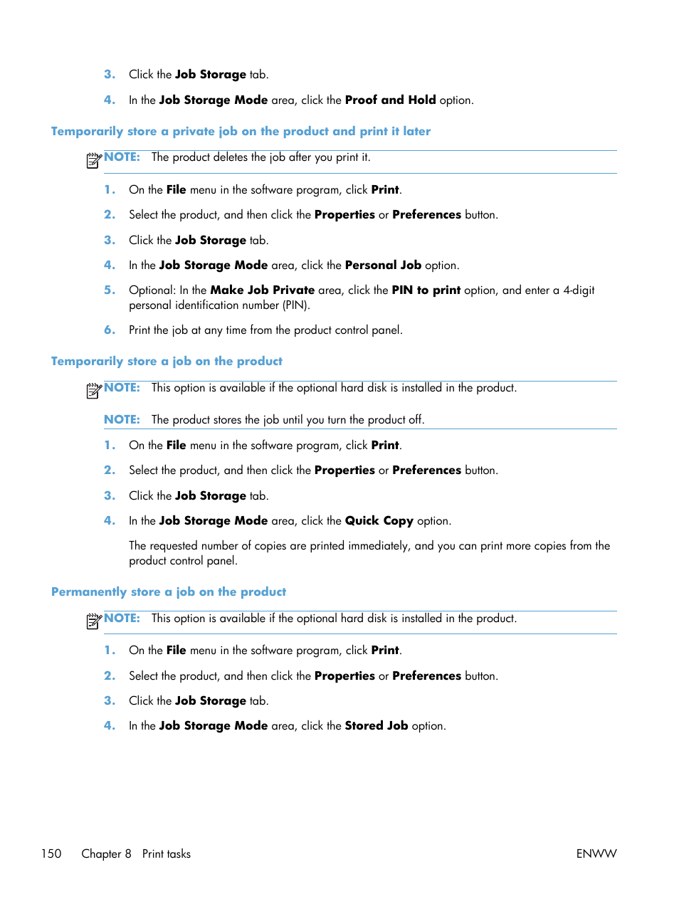 Temporarily store a job on the product, Permanently store a job on the product | HP LaserJet Enterprise M4555 MFP series User Manual | Page 170 / 376