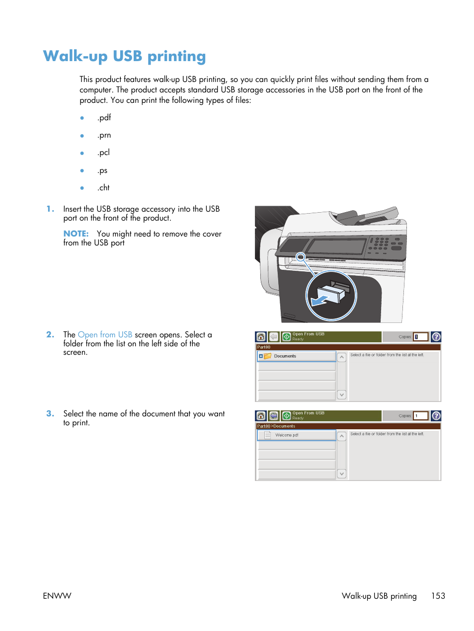 Walk-up usb printing | HP LaserJet Enterprise M4555 MFP series User Manual | Page 173 / 376