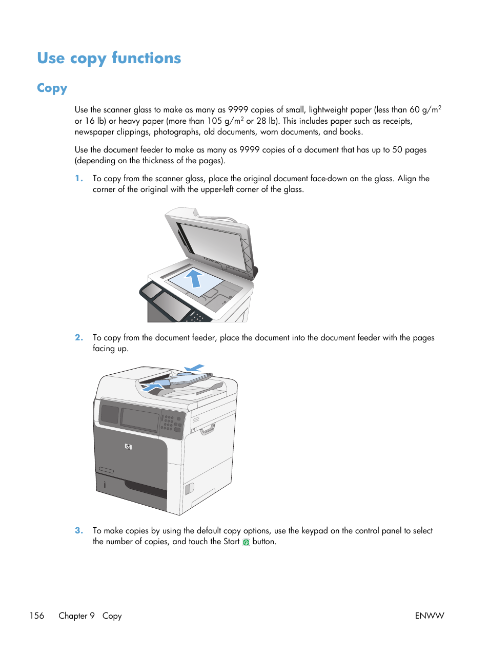 Use copy functions, Copy | HP LaserJet Enterprise M4555 MFP series User Manual | Page 176 / 376
