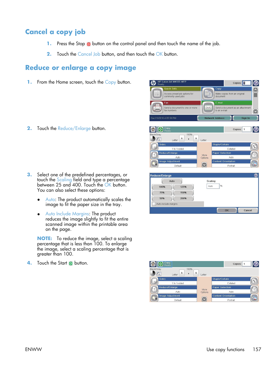 Cancel a copy job, Reduce or enlarge a copy image, Cancel a copy job reduce or enlarge a copy image | HP LaserJet Enterprise M4555 MFP series User Manual | Page 177 / 376