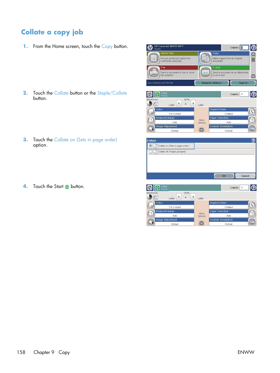 Collate a copy job | HP LaserJet Enterprise M4555 MFP series User Manual | Page 178 / 376