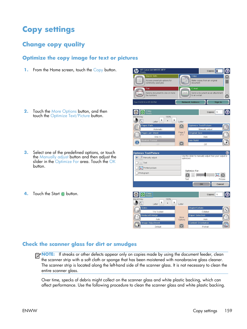 Copy settings, Change copy quality, Optimize the copy image for text or pictures | Check the scanner glass for dirt or smudges | HP LaserJet Enterprise M4555 MFP series User Manual | Page 179 / 376