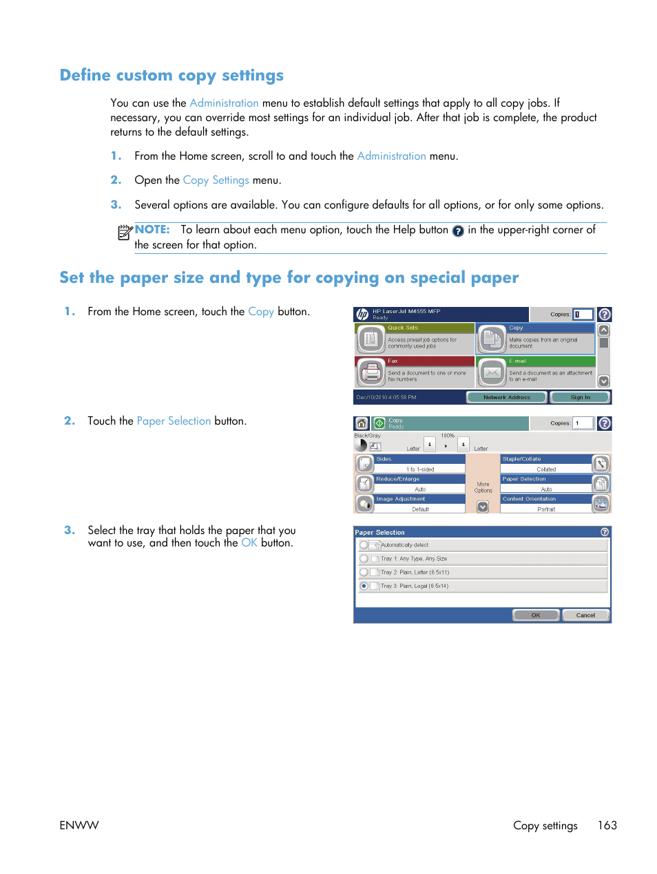 Define custom copy settings | HP LaserJet Enterprise M4555 MFP series User Manual | Page 183 / 376