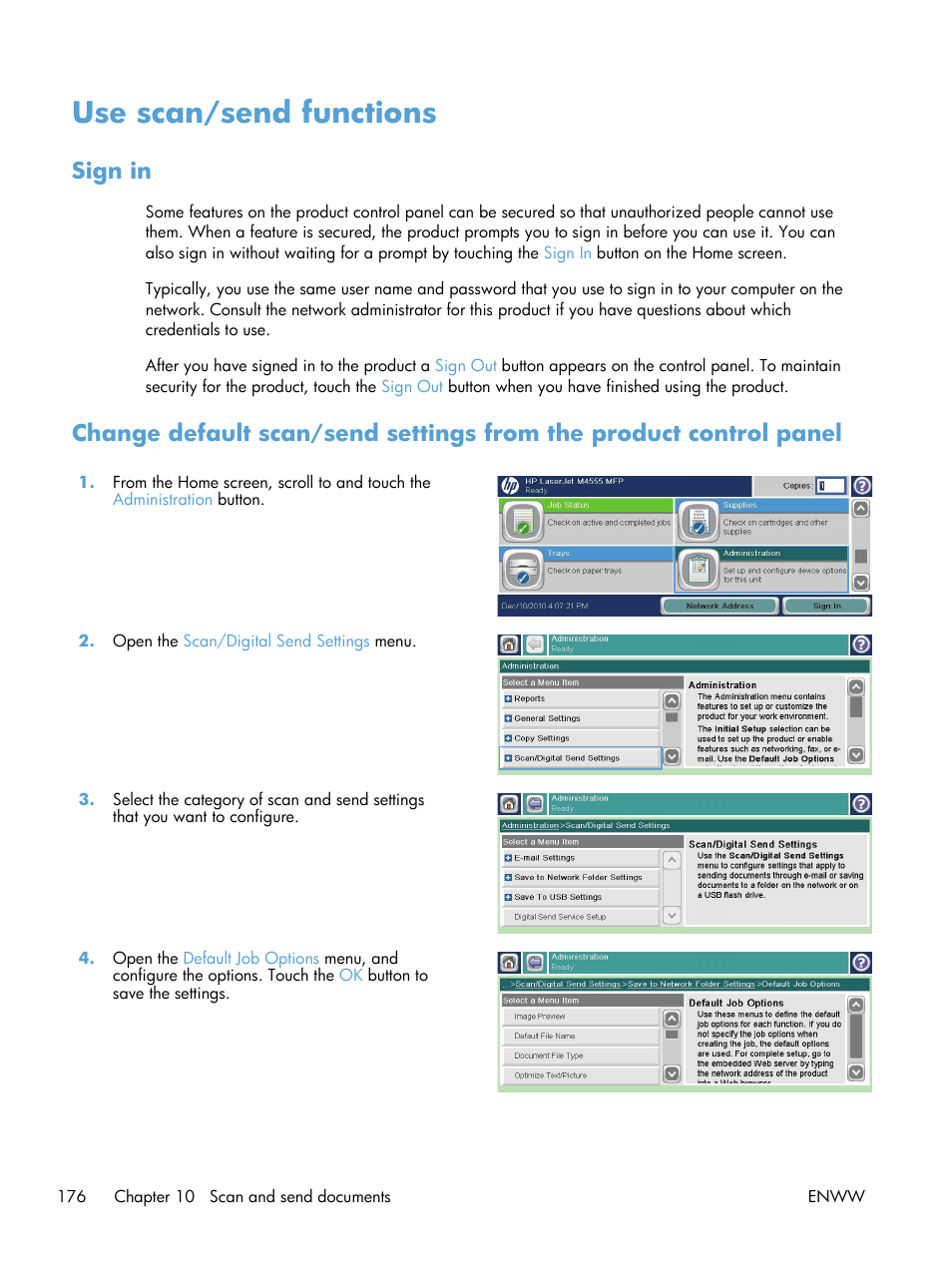 Use scan/send functions, Sign in | HP LaserJet Enterprise M4555 MFP series User Manual | Page 196 / 376