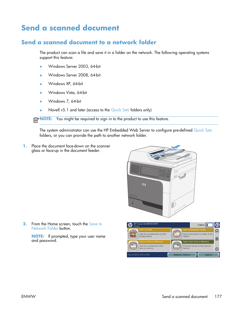 Send a scanned document, Send a scanned document to a network folder | HP LaserJet Enterprise M4555 MFP series User Manual | Page 197 / 376