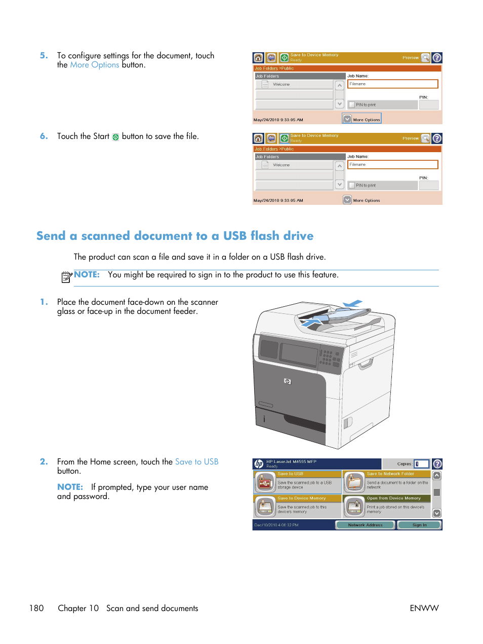 Send a scanned document to a usb flash drive | HP LaserJet Enterprise M4555 MFP series User Manual | Page 200 / 376