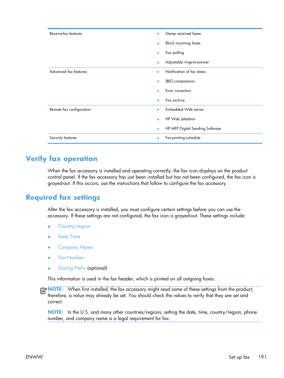 Verify fax operation, Required fax settings, Verify fax operation required fax settings | HP LaserJet Enterprise M4555 MFP series User Manual | Page 211 / 376