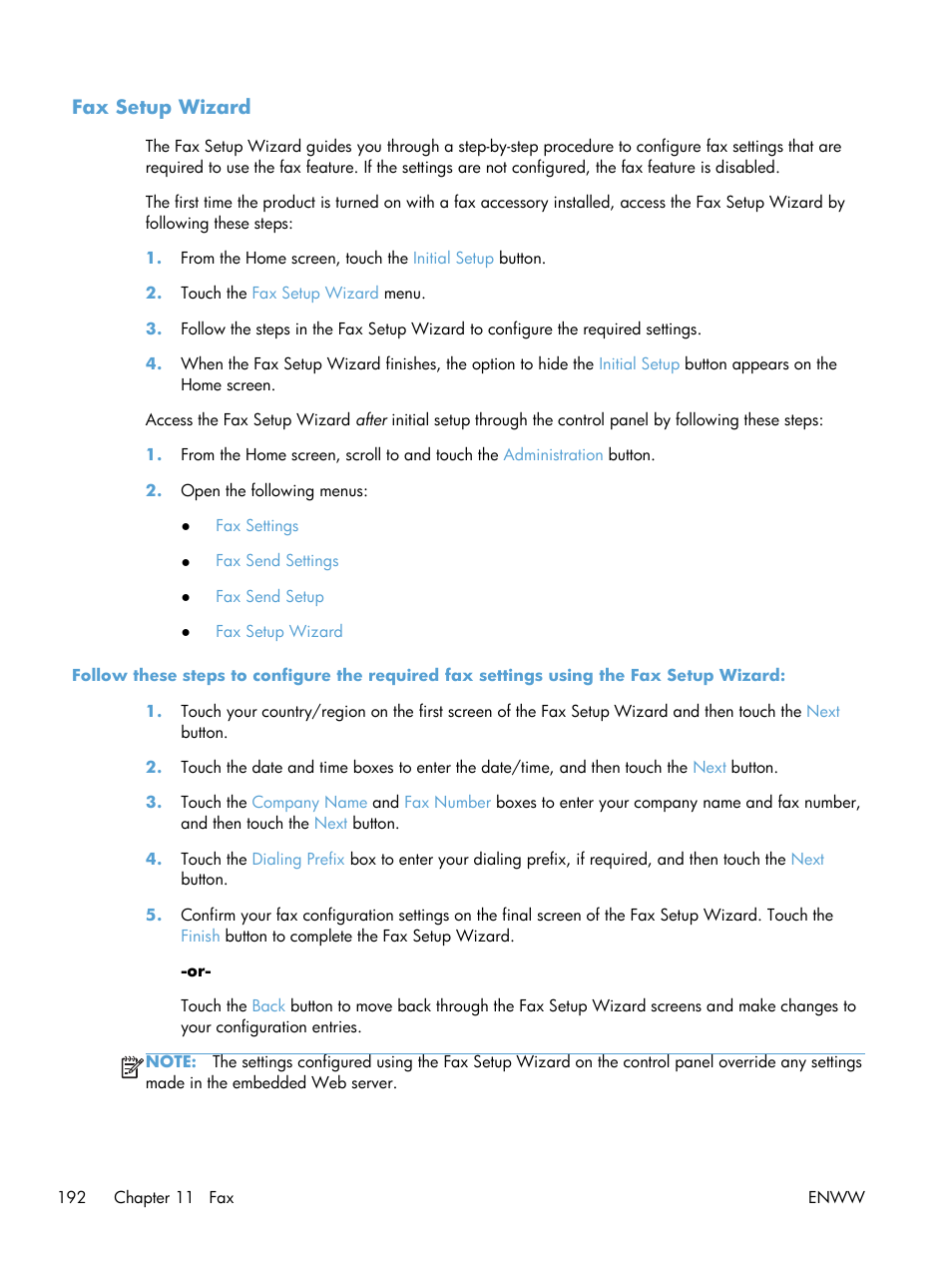 Fax setup wizard | HP LaserJet Enterprise M4555 MFP series User Manual | Page 212 / 376