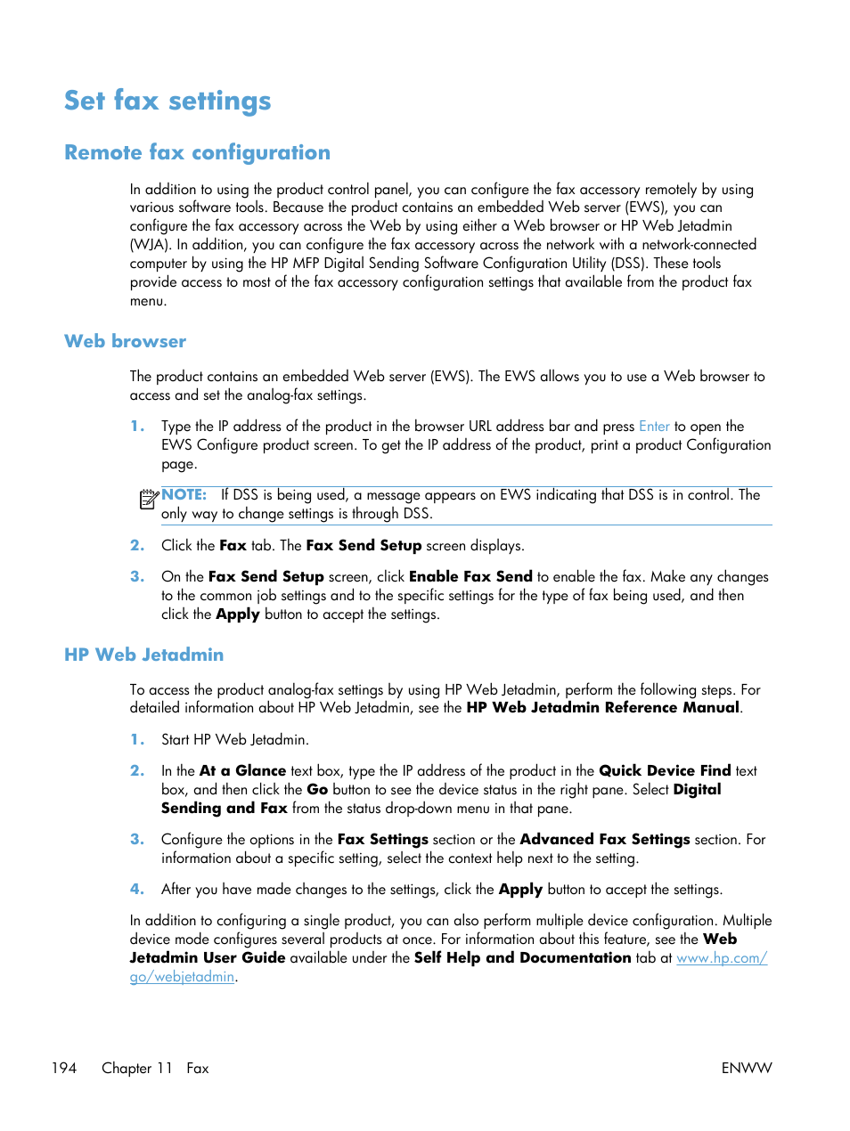 Set fax settings, Remote fax configuration, Web browser | Hp web jetadmin, Web browser hp web jetadmin | HP LaserJet Enterprise M4555 MFP series User Manual | Page 214 / 376