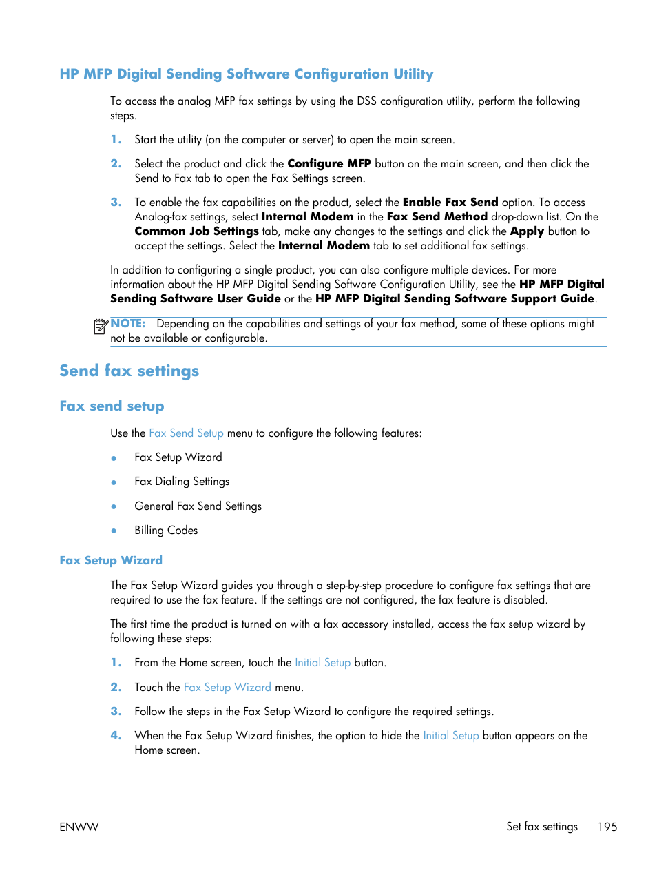Send fax settings, Fax send setup, Fax setup wizard | HP LaserJet Enterprise M4555 MFP series User Manual | Page 215 / 376