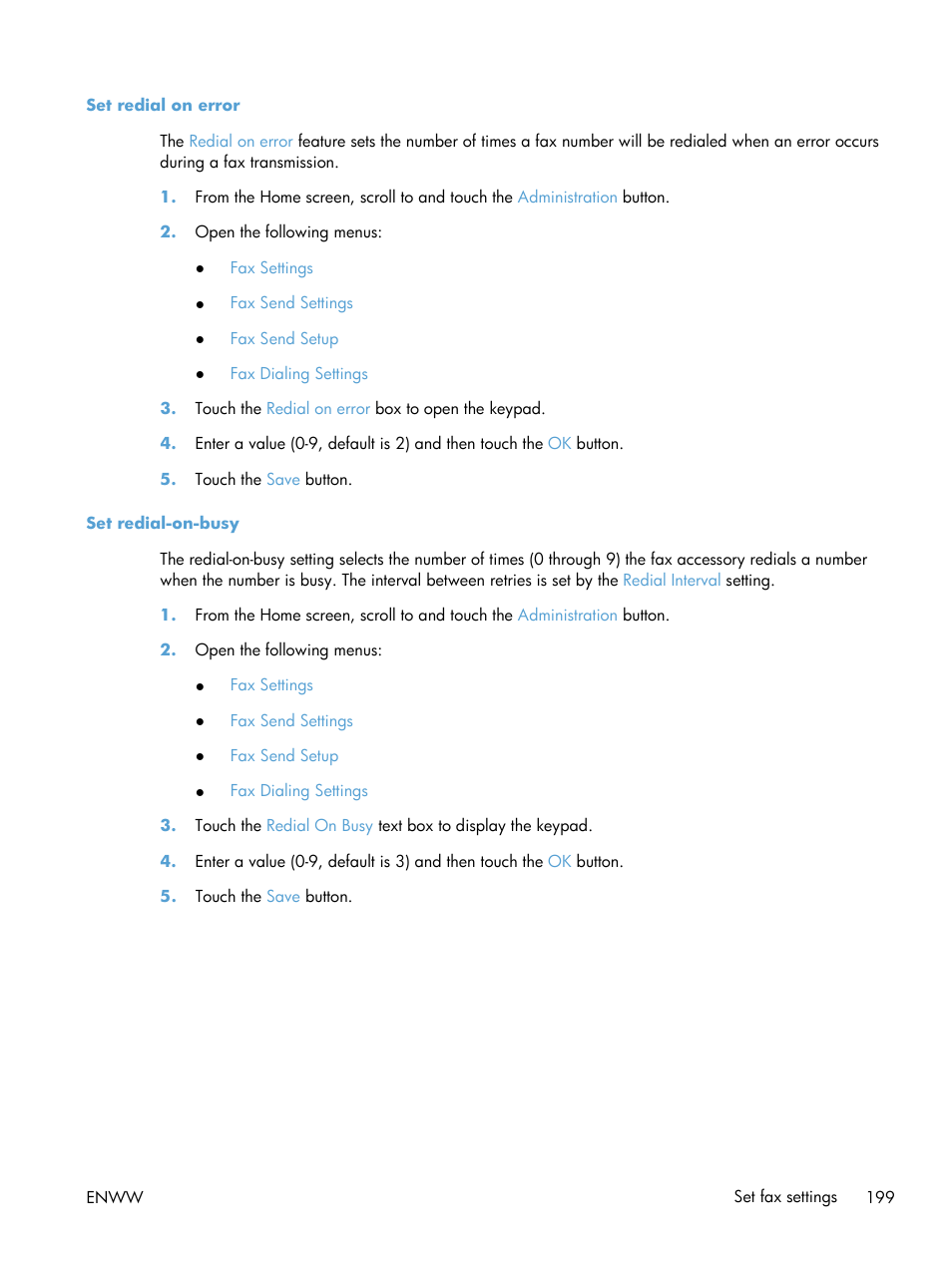 Set redial on error, Set redial-on-busy | HP LaserJet Enterprise M4555 MFP series User Manual | Page 219 / 376