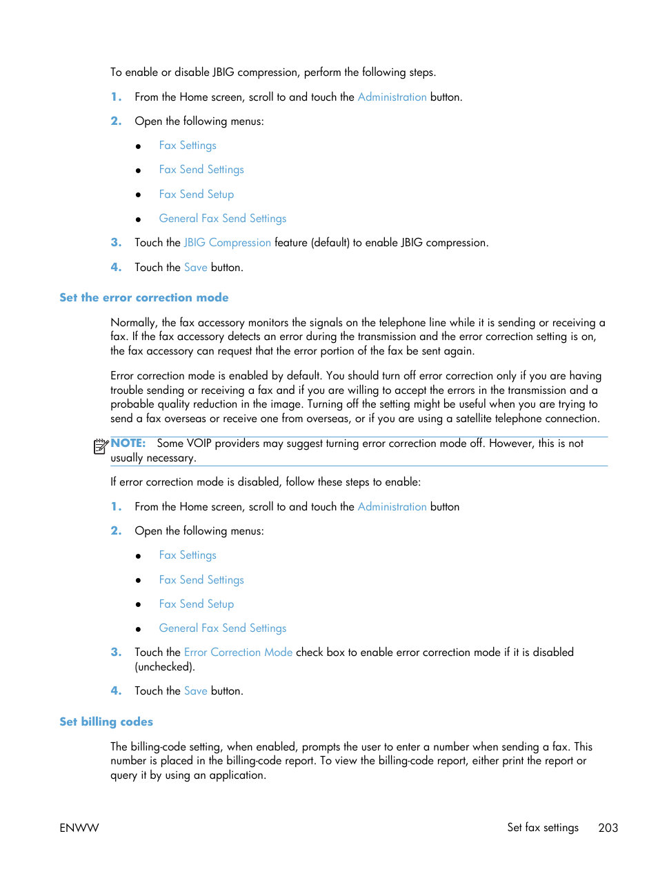 Set the error correction mode, Set billing codes | HP LaserJet Enterprise M4555 MFP series User Manual | Page 223 / 376