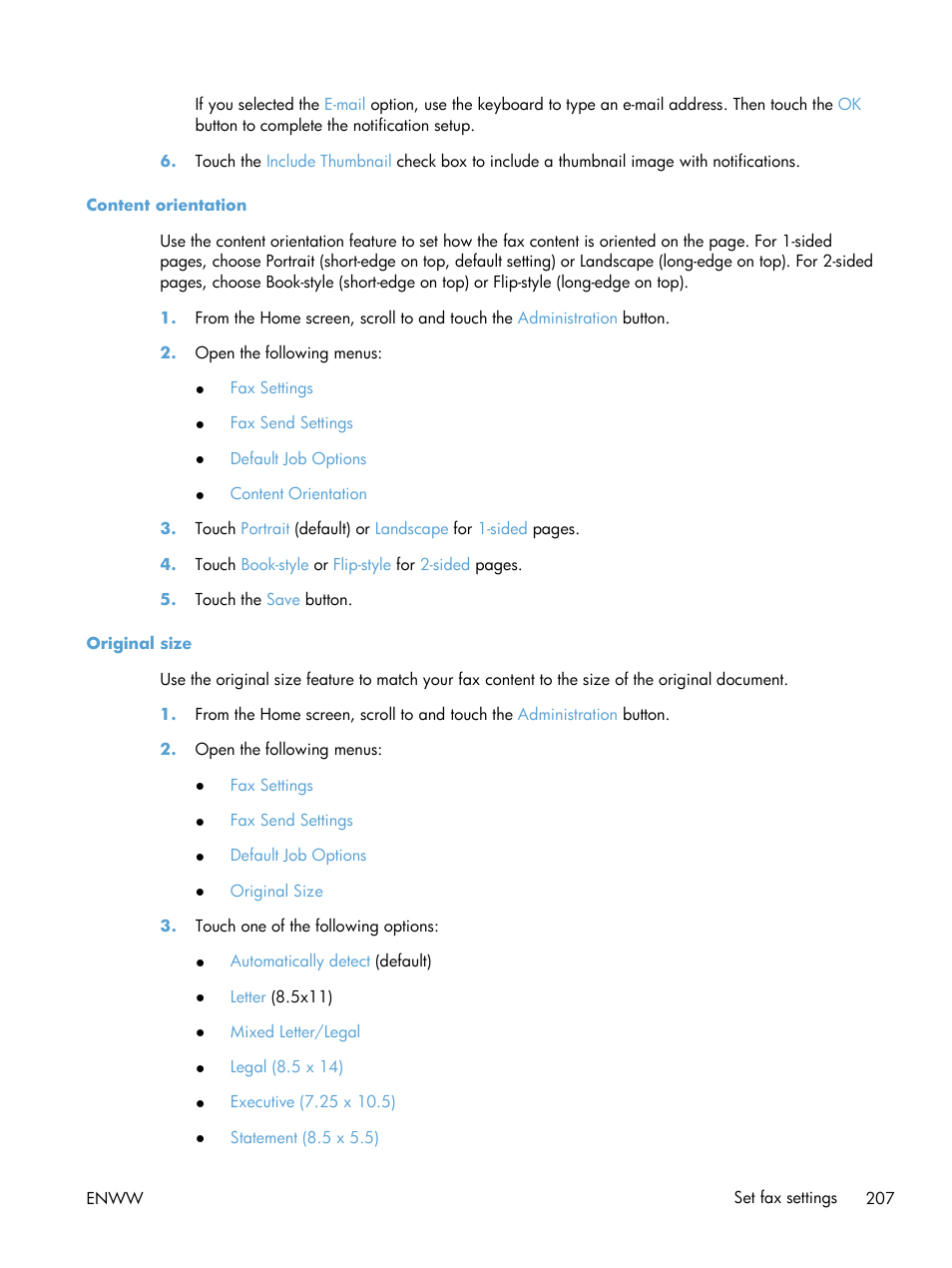 Content orientation, Original size, Content orientation original size | HP LaserJet Enterprise M4555 MFP series User Manual | Page 227 / 376