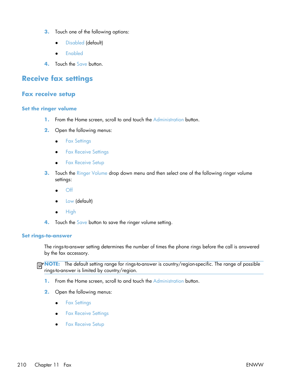 Receive fax settings, Fax receive setup, Set the ringer volume | Set rings-to-answer, Set the ringer volume set rings-to-answer | HP LaserJet Enterprise M4555 MFP series User Manual | Page 230 / 376