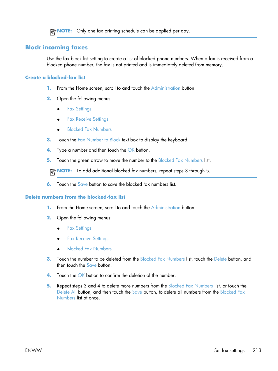 Block incoming faxes, Create a blocked-fax list, Delete numbers from the blocked-fax list | HP LaserJet Enterprise M4555 MFP series User Manual | Page 233 / 376