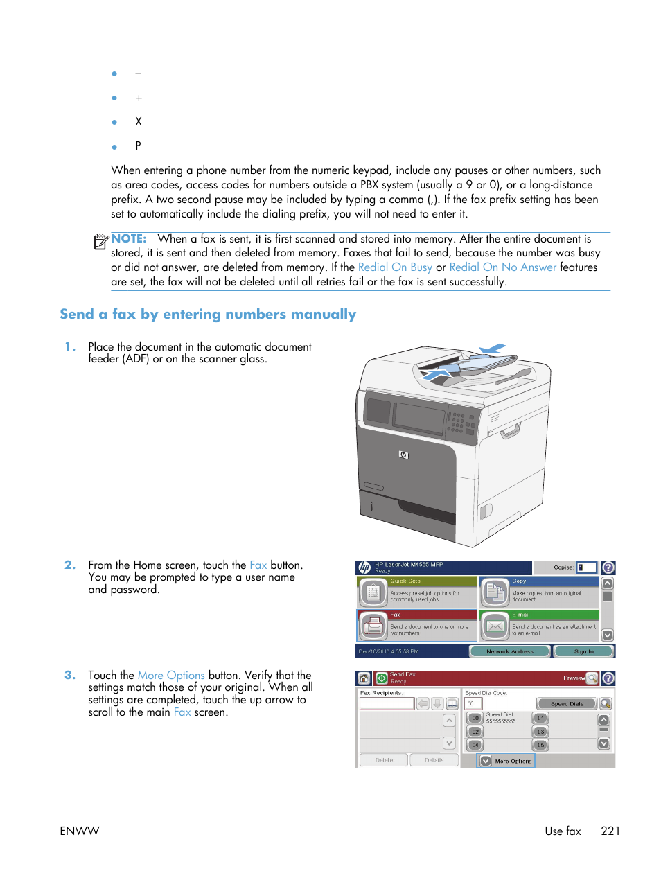 Send a fax by entering numbers manually | HP LaserJet Enterprise M4555 MFP series User Manual | Page 241 / 376