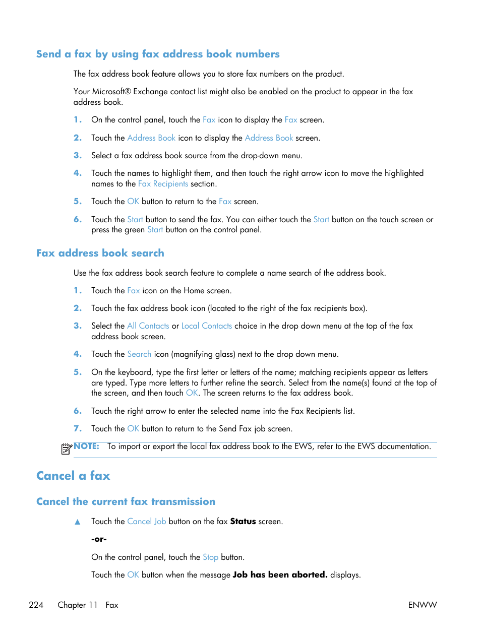 Send a fax by using fax address book numbers, Fax address book search, Cancel a fax | Cancel the current fax transmission | HP LaserJet Enterprise M4555 MFP series User Manual | Page 244 / 376