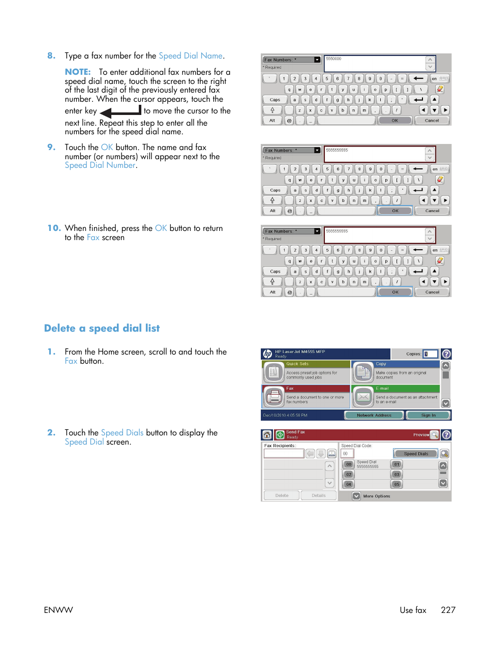 Delete a speed dial list | HP LaserJet Enterprise M4555 MFP series User Manual | Page 247 / 376