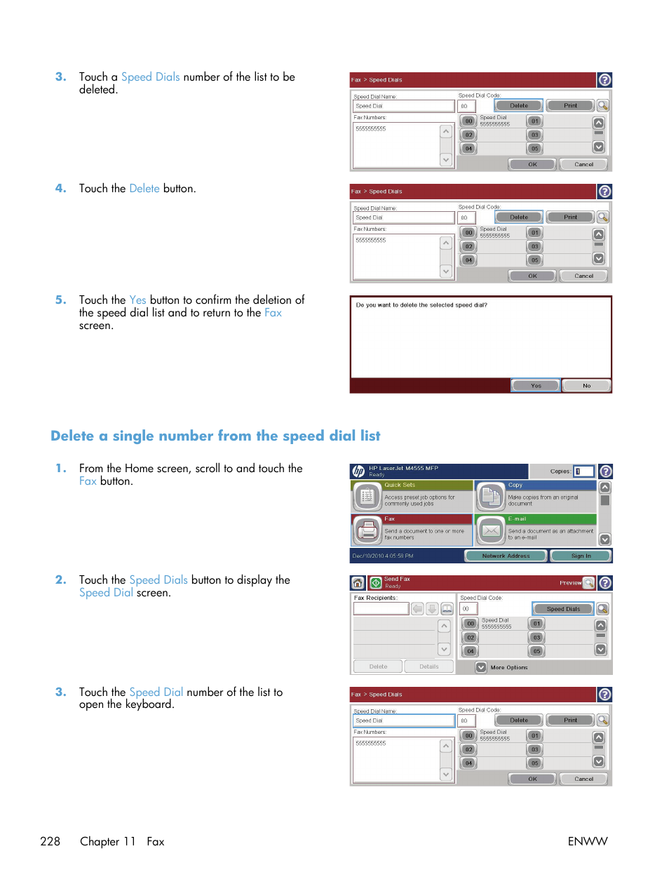 Delete a single number from the speed dial list | HP LaserJet Enterprise M4555 MFP series User Manual | Page 248 / 376