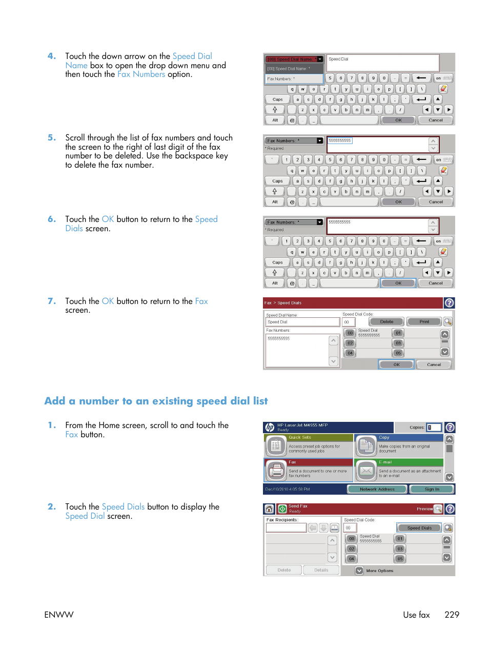 Add a number to an existing speed dial list | HP LaserJet Enterprise M4555 MFP series User Manual | Page 249 / 376