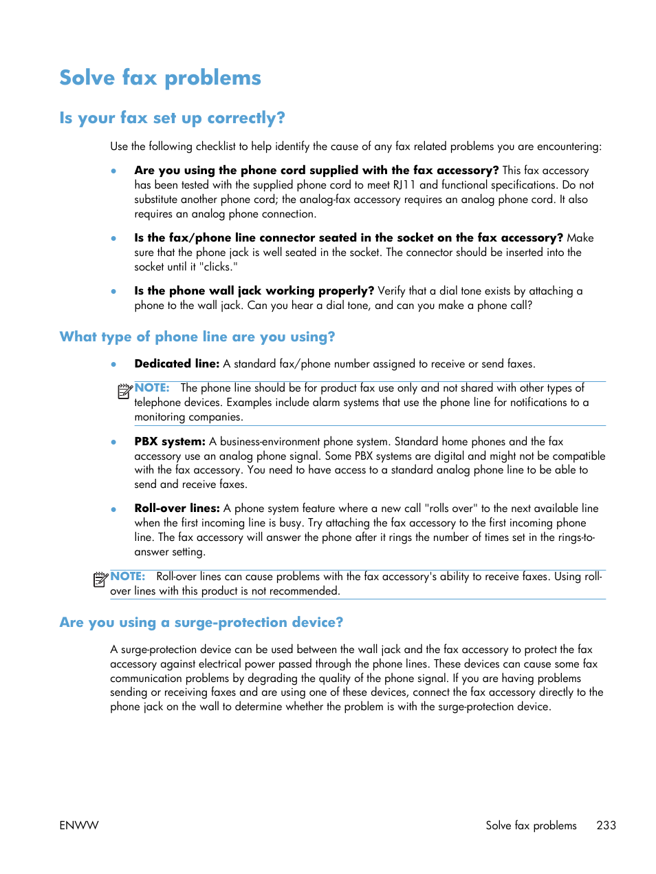 Solve fax problems, Is your fax set up correctly, What type of phone line are you using | Are you using a surge-protection device | HP LaserJet Enterprise M4555 MFP series User Manual | Page 253 / 376