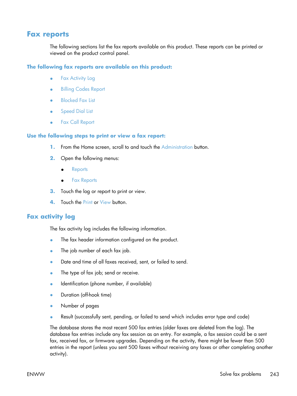 Fax reports, Fax activity log | HP LaserJet Enterprise M4555 MFP series User Manual | Page 263 / 376