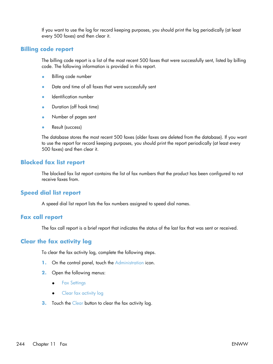 Billing code report, Blocked fax list report, Speed dial list report | Fax call report, Clear the fax activity log | HP LaserJet Enterprise M4555 MFP series User Manual | Page 264 / 376