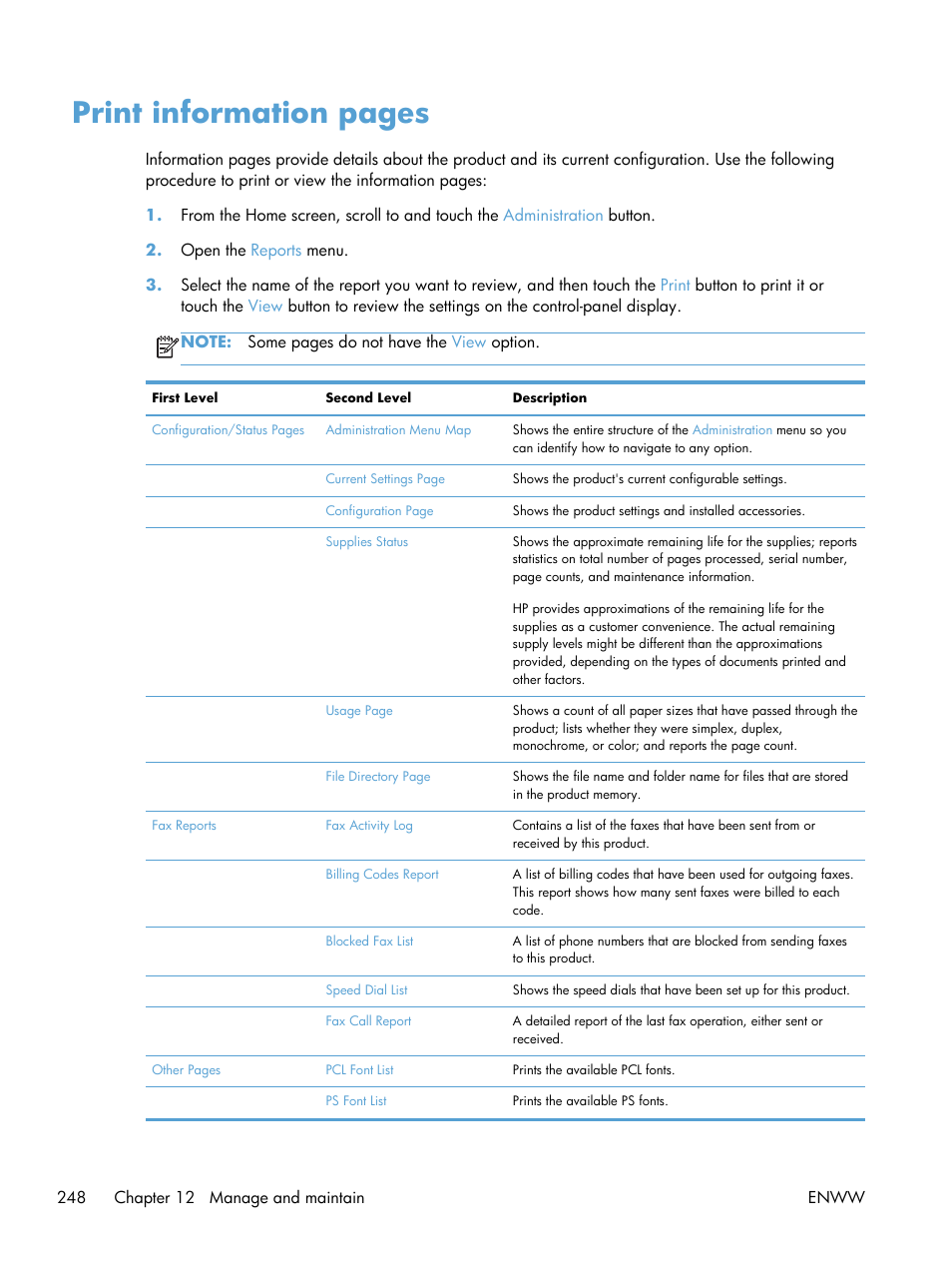 Print information pages | HP LaserJet Enterprise M4555 MFP series User Manual | Page 268 / 376