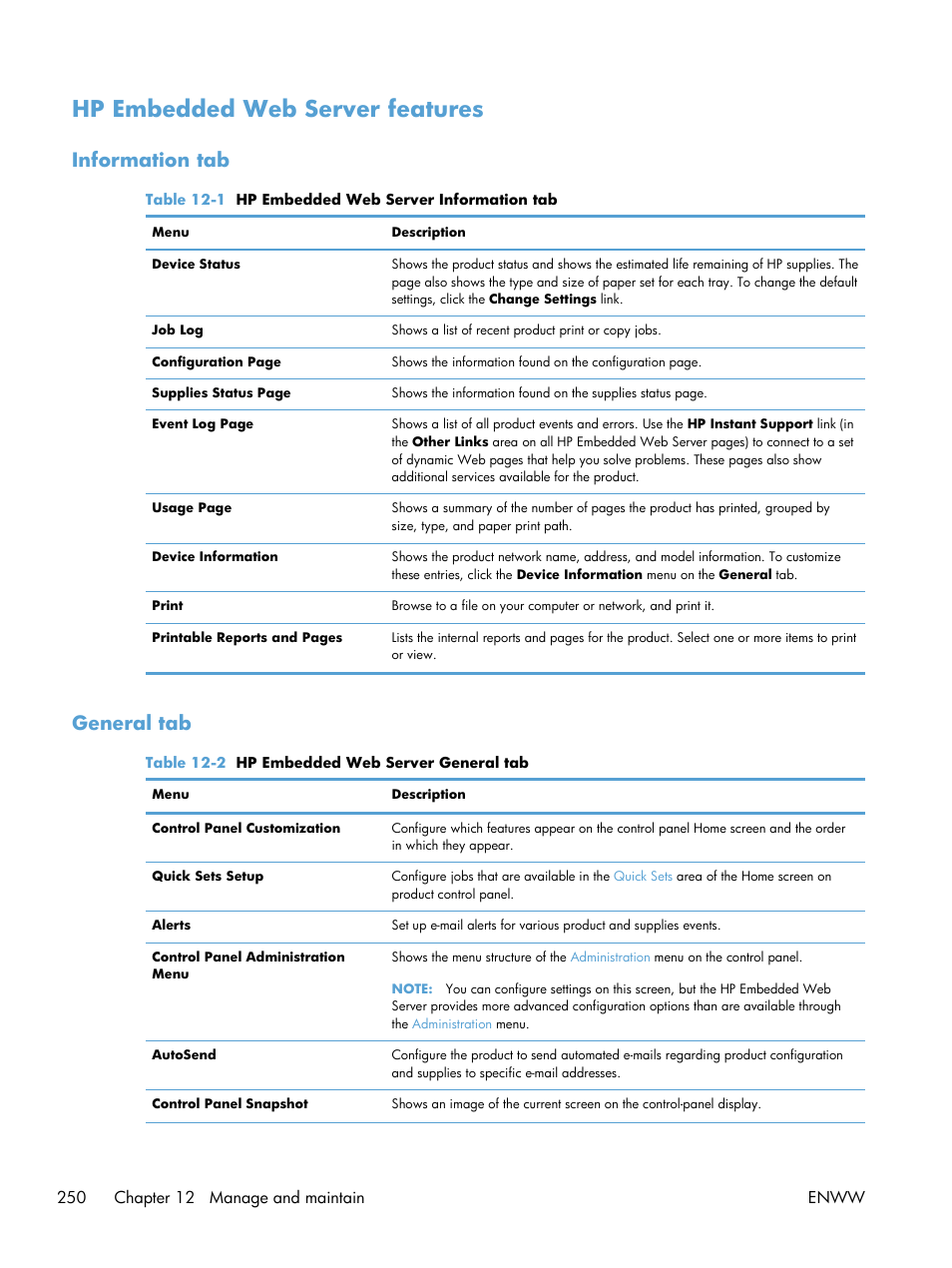 Hp embedded web server features, Information tab, General tab | Information tab general tab | HP LaserJet Enterprise M4555 MFP series User Manual | Page 270 / 376