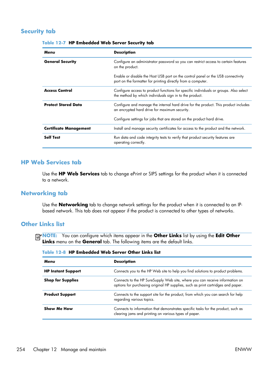 Security tab, Hp web services tab, Networking tab | Other links list | HP LaserJet Enterprise M4555 MFP series User Manual | Page 274 / 376