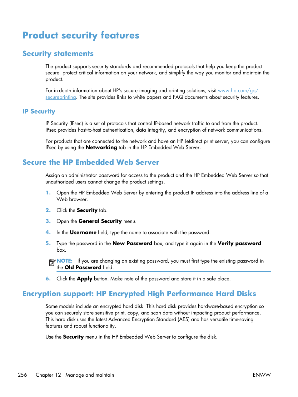 Product security features, Security statements, Ip security | Secure the hp embedded web server | HP LaserJet Enterprise M4555 MFP series User Manual | Page 276 / 376