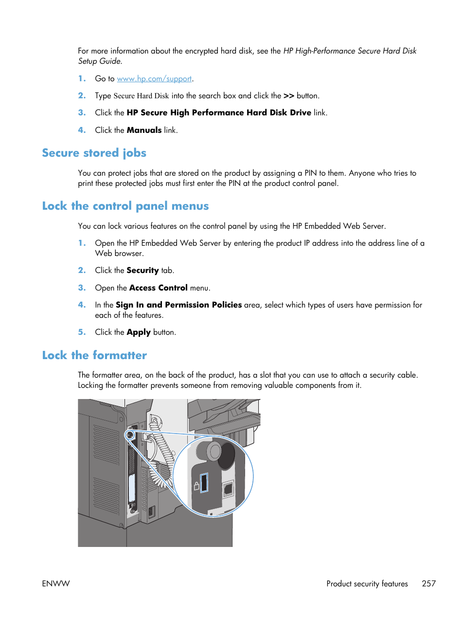Secure stored jobs, Lock the control panel menus, Lock the formatter | HP LaserJet Enterprise M4555 MFP series User Manual | Page 277 / 376