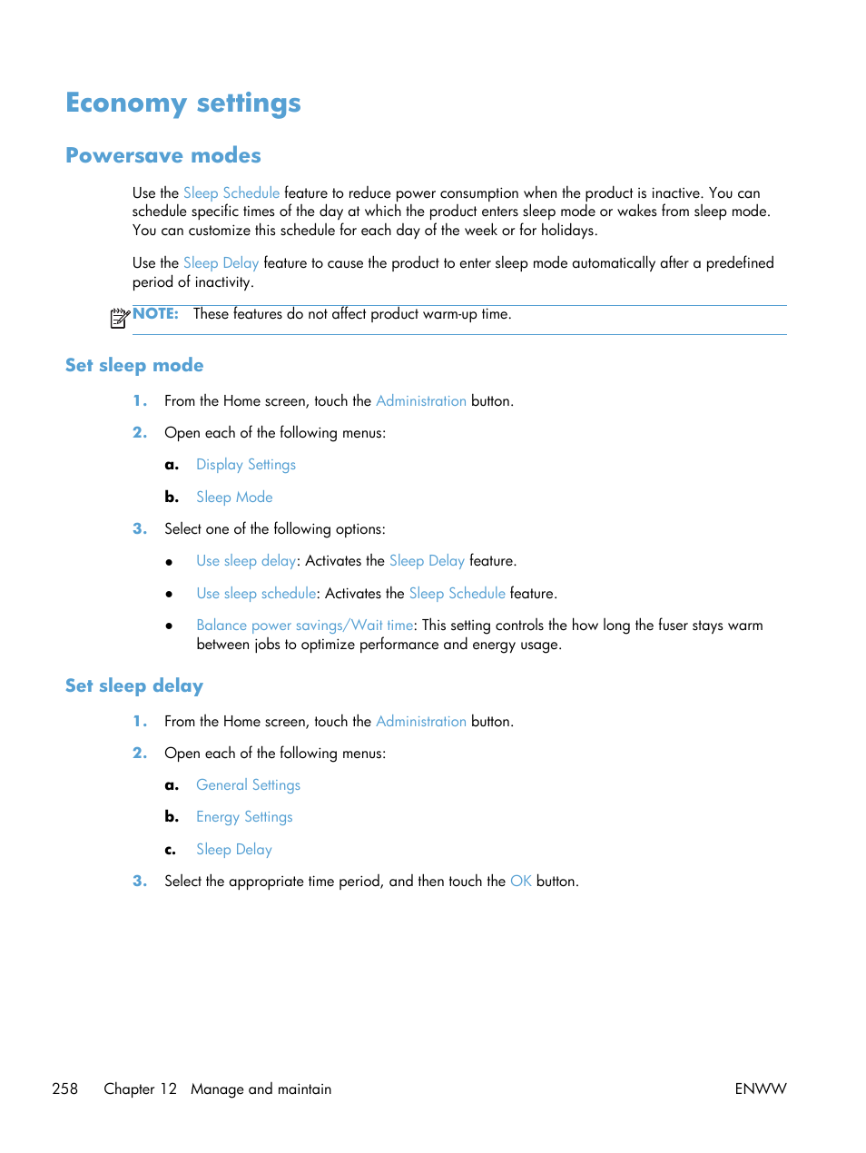 Economy settings, Powersave modes, Set sleep mode | Set sleep delay, Set sleep mode set sleep delay | HP LaserJet Enterprise M4555 MFP series User Manual | Page 278 / 376