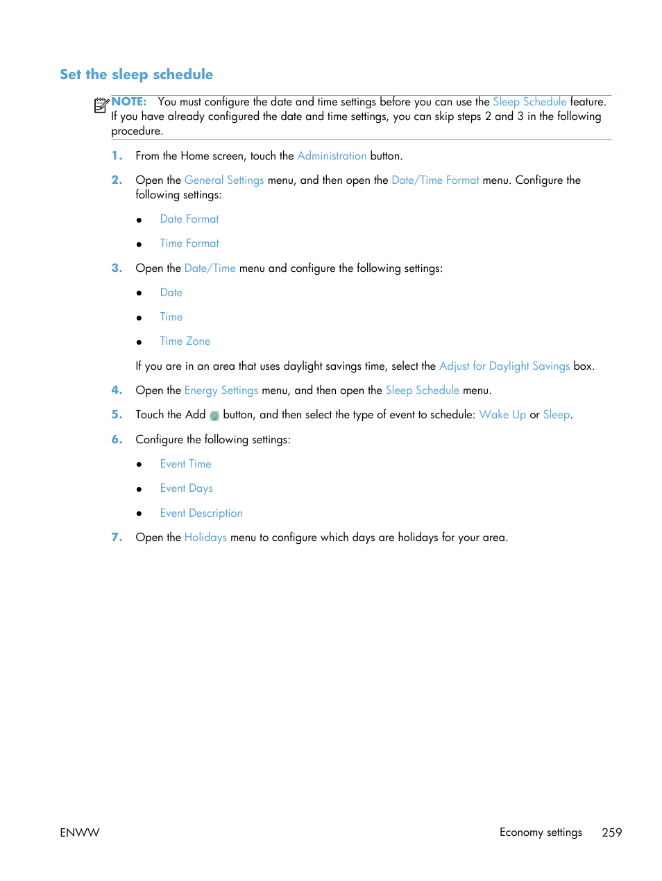 Set the sleep schedule | HP LaserJet Enterprise M4555 MFP series User Manual | Page 279 / 376